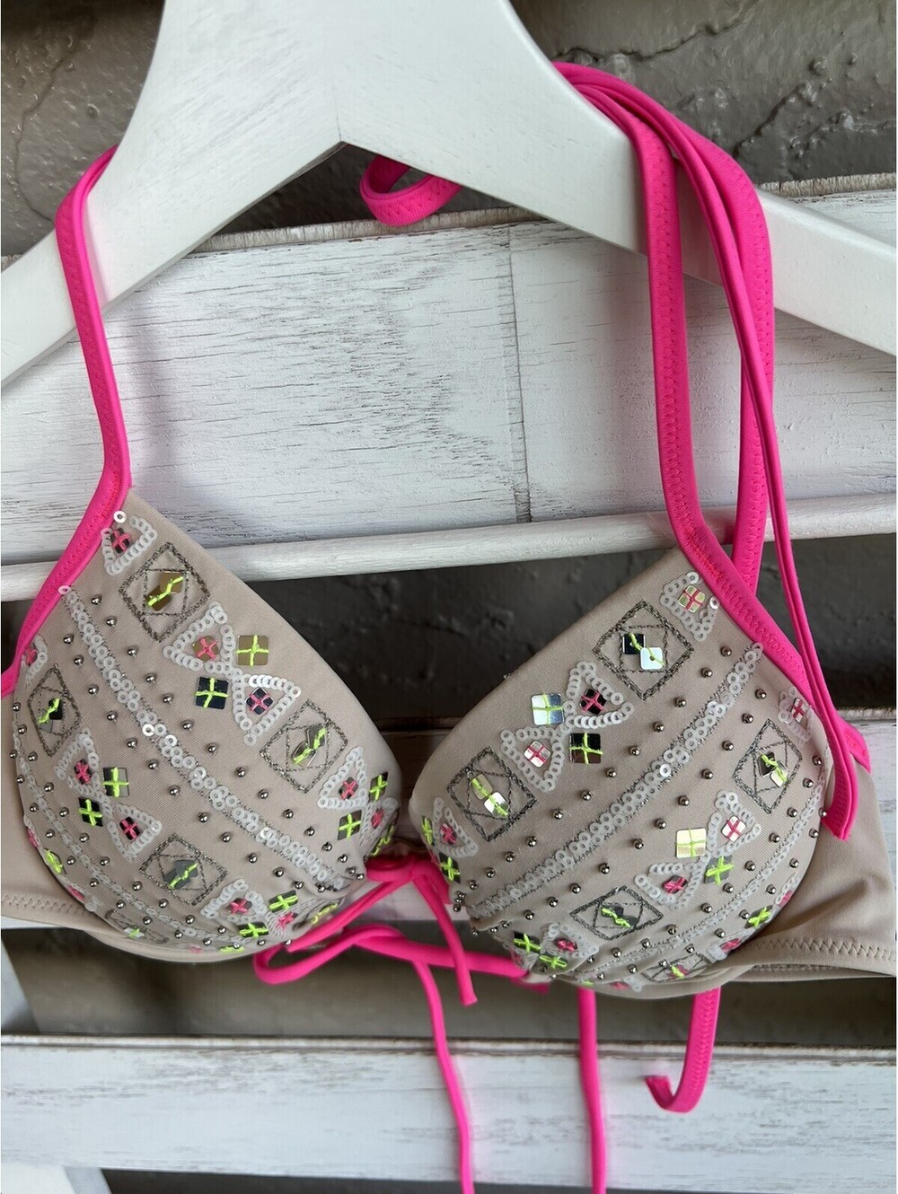 Victoria’s Secret 34A Swim Bikini Top Beige Pink Metallic Padded.